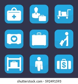 case icon. Set of 9 filled case icons such as man with luggage, luggage, luggage storage