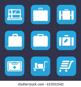 Case icon. set of 9 filled case icons such as luggage, parcel, luggage cart, medical kit, case