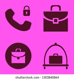 case icon set with baggage cart, security telephone and briefcase vector illustration