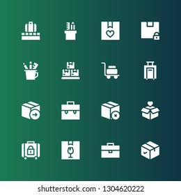 case icon set. Collection of 16 filled case icons included Package, Briefcase, Baggage, Luggage, Boxes, Pencil case, Box