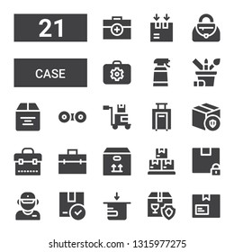 case icon set. Collection of 21 filled case icons included Package, Salesman, Box, Boxes, Briefcase, Luggage, Contact lens, Pencil case, Desinfectant, Handbag