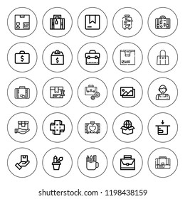 Case icon set. collection of 25 outline case icons with briefcase, box, hand bag, luggage, package, pencil case, photography, suitcase icons. editable icons.