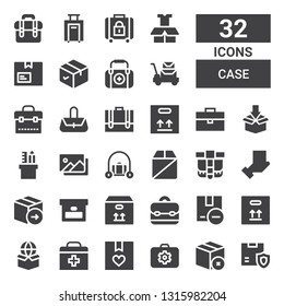 case icon set. Collection of 32 filled case icons included Box, Package, Briefcase, First aid, Belt pouch, Luggage, Photography, Pencil case, Hand bag, Baggage