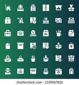 case icon set. Collection of 36 filled case icons included Luggage, First aid, Package, Box, Salesman, Belt pouch, Pencil case, Hand bag, Handbag, Harddrive, Briefcase, Photography