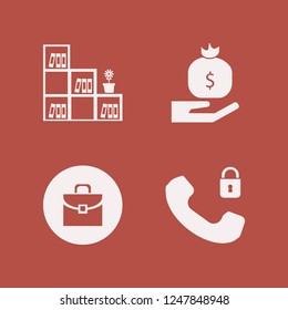 case icon. case vector icons set bookcase flower pot, security telephone, briefcase and money bag hand