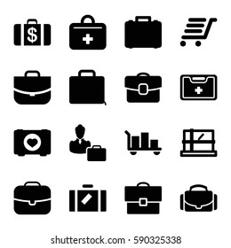 case icons set. Set of 16 case filled icons such as luggage, parcel, luggage cart, medical kit