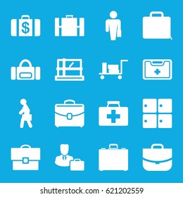 Case icons set. set of 16 case filled icons such as luggage, luggage storage, parcel, Money case, first aid kit, medical kit