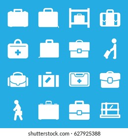 Case icons set. set of 16 case filled icons such as man with luggage, luggage, luggage storage, parcel, medical kit