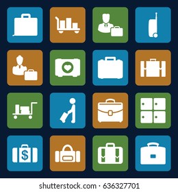 Case icons set. set of 16 case filled icons such as man with luggage, luggage, luggage storage, money case