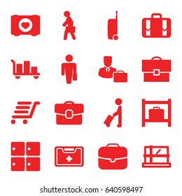 Case icons set. set of 16 case filled icons such as man with luggage, luggage storage, parcel, case with heart