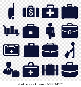 Case icons set. set of 16 case filled icons such as man with luggage, money case, first aid kit, medical kit
