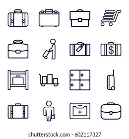 case icons set. Set of 16 case outline icons such as man with luggage, luggage, Money case