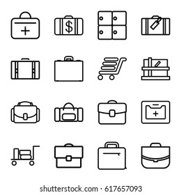 Case icons set. set of 16 case outline icons such as luggage, luggage storage, parcel, Money case, luggage cart, medical kit, first aid kit