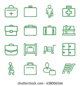 Case icons set. set of 16 case outline icons such as luggage, luggage storage, parcel, case, first aid kit