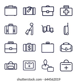 Case icons set. set of 16 case outline icons such as man with luggage, luggage, money case, first aid kit, medical kit