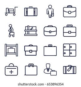 Case icons set. set of 16 case outline icons such as luggage, luggage storage, parcel, first aid kit