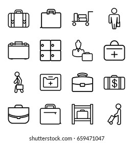 Case icons set. set of 16 case outline icons such as man with luggage, luggage, luggage storage, medical kit