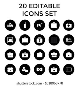 Case icons. set of 20 editable filled case icons such as luggage, luggage storage, parcel, sport bag. best quality case elements in trendy style.