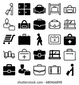 Case icons set. set of 25 case filled and outline icons such as man with luggage, luggage storage, parcel, first aid kit, case, medical kit