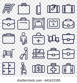 Case icons set. set of 25 case outline icons such as man with luggage, luggage, parcel, money case, first aid kit