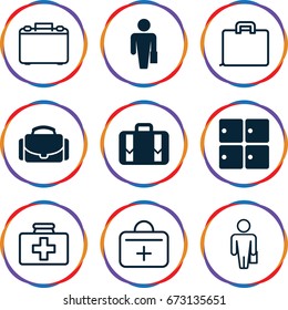 Case icons set. set of 9 case filled and outline icons such as luggage storage, luggage