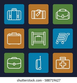case icons set. Set of 9 case outline icons such as luggage storage, first aid kit, cart