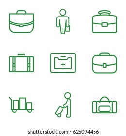 Case icons set. set of 9 case outline icons such as man with luggage, case, medical kit, luggage