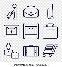 Case icons set. set of 9 case outline icons such as man with luggage, luggage storage, luggage cart, medical kit