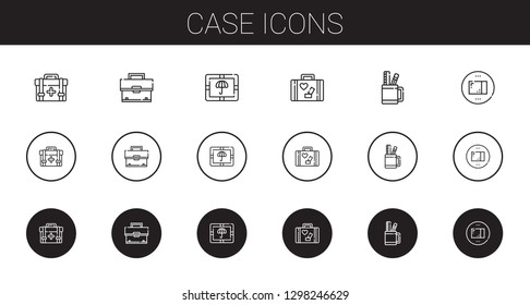 case icons set. Collection of case with first aid kit, briefcase, package, luggage, pencil case. Editable and scalable case icons.