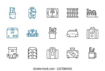 case icons set. Collection of case with pencil case, suitcase, archive, package, luggage, box. Editable and scalable icons.