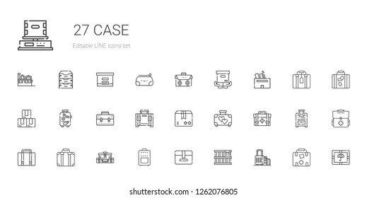 case icons set. Collection of case with suitcase, box, package, luggage, first aid kit, briefcase, pencil case, archive. Editable and scalable case icons.