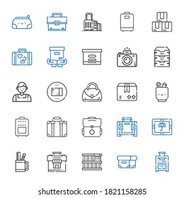 case icons set. Collection of case with suitcase, box, pencil case, package, briefcase, first aid kit, hand bag, salesman, archive, photography. Editable and scalable icons.