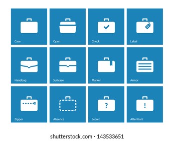 Case Icons Variants Of Briefcase On Blue Background. Vector Illustration.