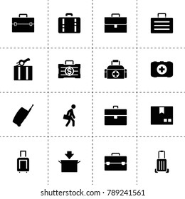 Case icons. vector collection filled case icons. includes symbols such as case, package, luggage, money case, packaging, medical bag. use for web, mobile and ui design.