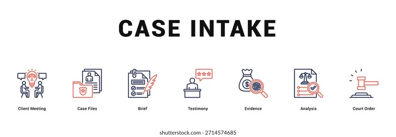 Case Intake Moderne und saubere Web-Banner-Illustration mit thematischen Symbolen für visuelle Kommunikation