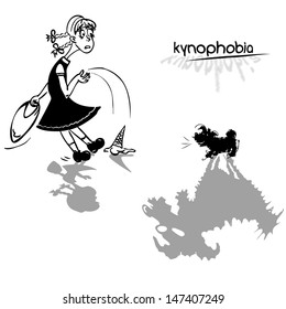 A case of kynophobia: little girl scared to death because of a small barking dog; black and white vector illustration