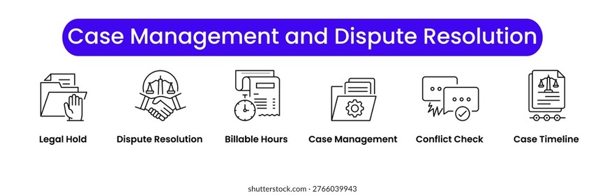 Case Management and Dispute Resolution Vector Icon Set, Legal Conflict and Workflow Resolution, Enhancing Efficiency and Legal Services through Structured Case Tracking and Resolution Tools