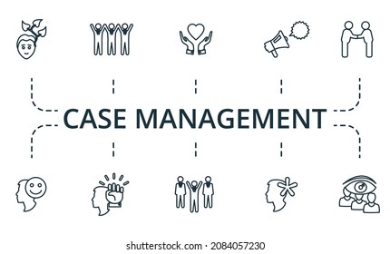 Case Management icon set. Collection of simple elements such as the leadership, autonomy, team spirit, meetup, benevolence, publicity.