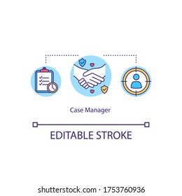 Icono de concepto del gestor de casos. Ayuda con el reclutamiento. Compatibilidad con el cliente. Entrevista laboral. Ilustración de línea delgada de la idea de apoyo a los trabajadores sociales. Dibujo de color RGB con contorno aislado del vector. Trazo editable