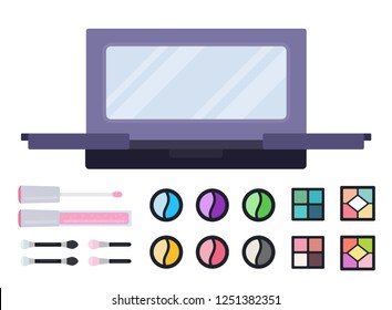 Case with a mirror for storing cosmetics. Set of eye shadows and makeup applicators and lip gloss vector icon flat illustration isolated on white