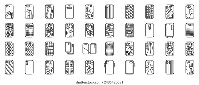 Case mobile phone icons set outline vector. Pro camera. Flip leather wallet