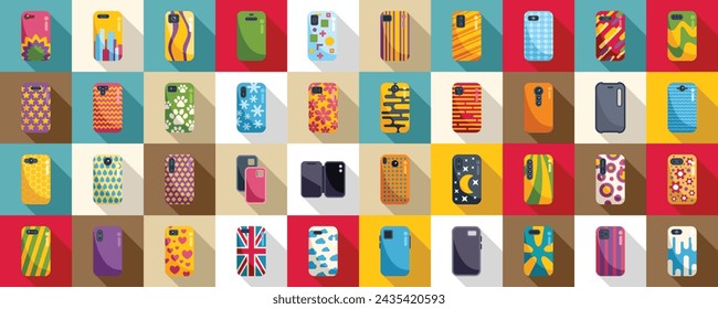 Case mobile phone icons set flat vector. Pro camera. Flip leather wallet