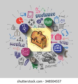 Case. Money bag collage with icons background. Vector illustration