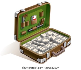 case with a lot of money , weapons, and playing cards
