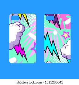 Case on the phone with bright picture, fashionable colors. Comics book style. Pop art design template phone cover. Hand drawn vector illustration. 