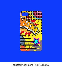 Case on the phone with bright picture, fashionable colors. Comics book style. Pop art design template phone cover. Hand drawn vector illustration. 