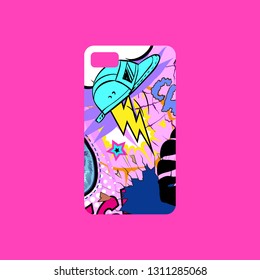 Case on the phone with bright picture, fashionable colors. Comics book style. Pop art design template phone cover. Hand drawn vector illustration. 