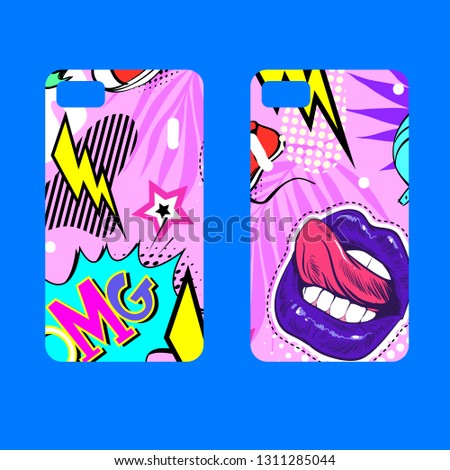 Case on the phone with bright picture, fashionable colors. Comics book style. Pop art design template phone cover. Hand drawn vector illustration. 