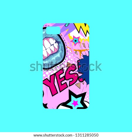 Case on the phone with bright picture, fashionable colors. Comics book style. Pop art design template phone cover. Hand drawn vector illustration. 