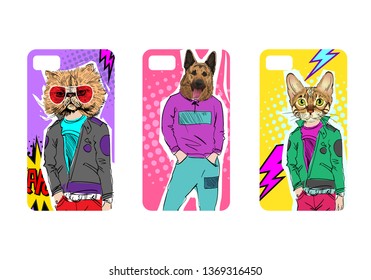 Case on the phone with picture of fashion models with animal heads. Trendy design template phone cover. Pop art, comics style. Hand drawn vector illustration. 